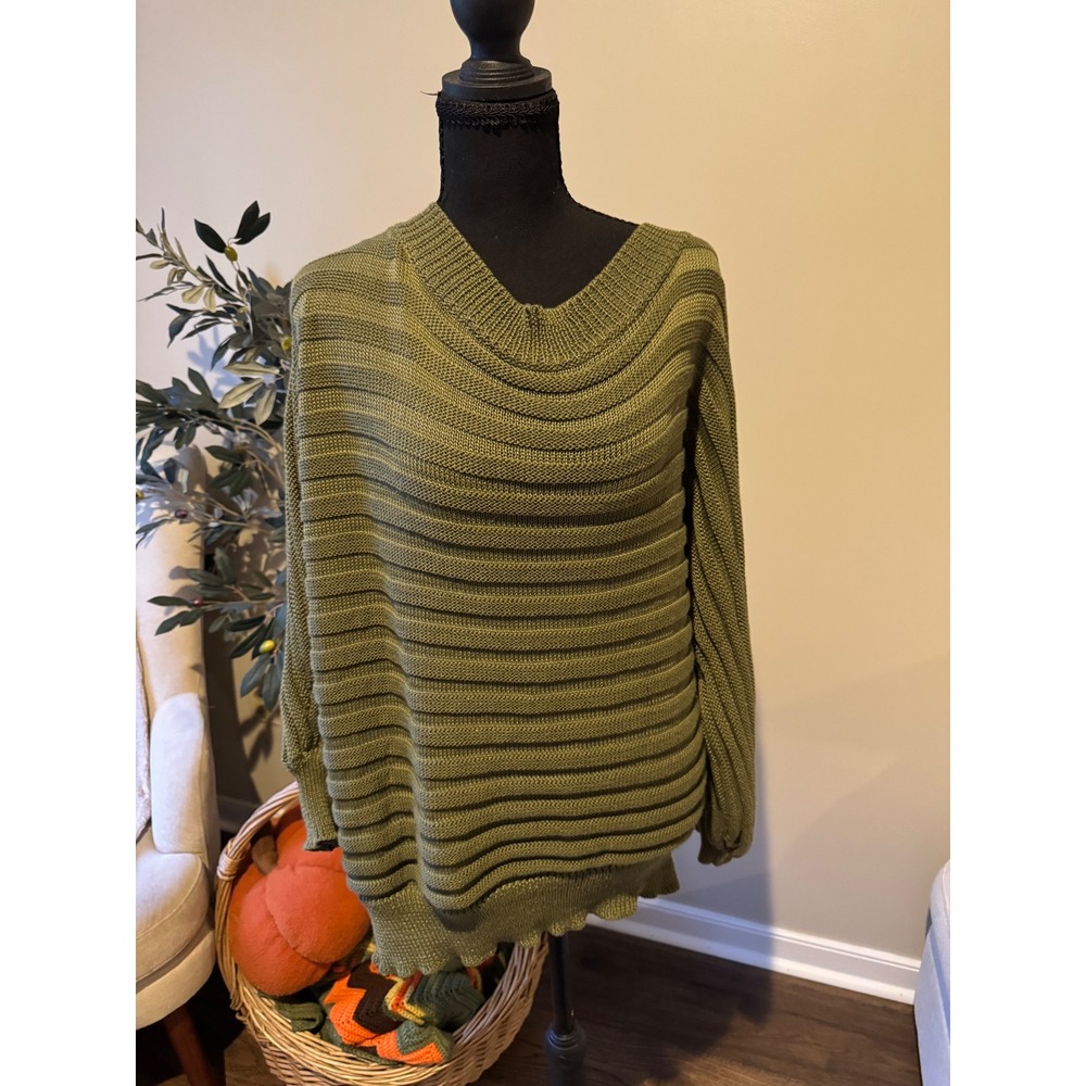 Olive Green Open Back Draped Cowl Knit Sweater V-Neck Long Sleeve Pullover 2XL